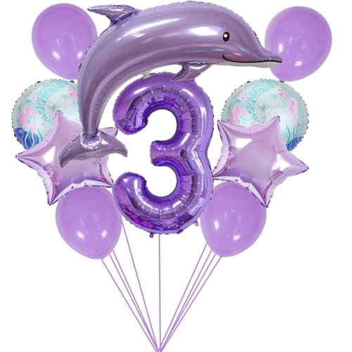 ZWWsullo Zahlen-Ballon 3 Lila Ozean Tiere Geburtstagsfeier Dekoration Luftballons 3 Geburtstag Dekorationen Meerestiere Geburtstag Deko Happy Birthday Luftballons Tiere Delfin Luftballon Set von ZWWsullo