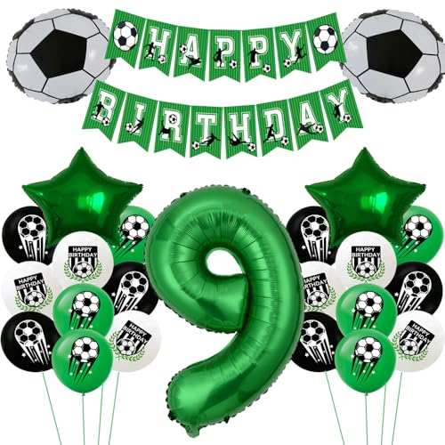 ZWWsullo geburtstag fussball deko Fußball Party Zubehör mit Happy Birthday Banner fussball deko geburtstag kinder Fußball 9 Geburtstag Deko Junge Grün 9 Geburtstagsdeko Jungen Fußball Luftballon von ZWWsullo