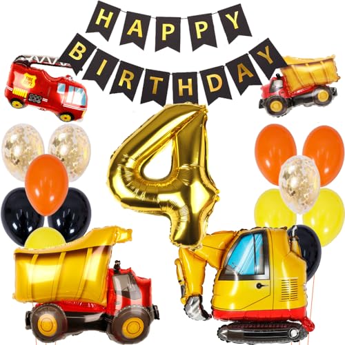 ZWWsullo geburtstagsdeko 4 jahre jungen Bagger Geburtstag Deko Kindergeburtstag Deko jungen 4 Jahr bauarbeiter geburtstag Bagger Deko Kindergeburtstag 4 Baustellen Geburtstagdeko Junge Ballon Auto von ZWWsullo