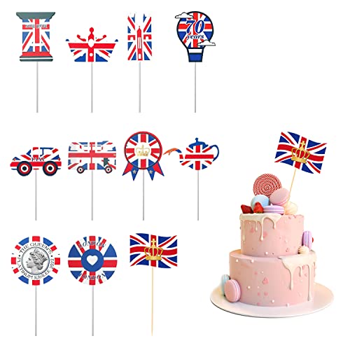 50 Stück Kuchendekorationen (30 Stück Platinum Jubilee Kuchendekorationen + 20 Union Jack Kuchenaufsätze), 2022 Queen's Platinum Jubilee Cupcake Topper, Queen's 70th Anniversary Party Dekorationen von ZWZNBL