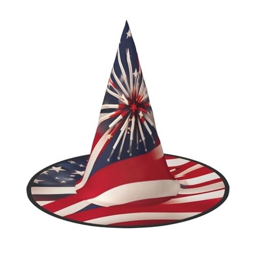 ZXERTG Amerikanische Flagge, Feuerwerk-Druck, Halloween, Hexenhut, Dekoration, Zaubererhut, Halloween-Hüte, Kostümhut für Damen und Herren von ZXERTG