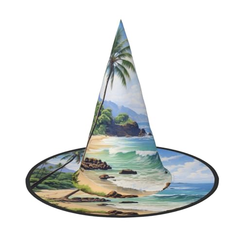 ZXERTG Hawaiianischer Strand mit Palmen-Druck, Halloween-Essential, Hexenhut, Zaubererhut, Halloween-Hüte, Kostümhut für Damen und Herren von ZXERTG