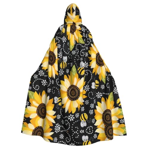 ZXERTG Kapuzenumhang mit Sonnenblumen-Bienen-Druck, für Halloween, schwarzer Kapuzenumhang mit Kapuze, Hexe, Halloween-Kostüm von ZXERTG