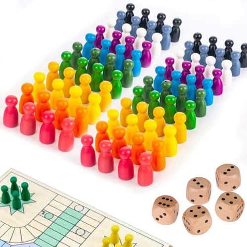 ZXJLWR Spielfiguren Für Brettspiele, 80 Stück Spielfiguren Holz mit 5 Würfel, Farbenfrohe Brettspiele Holzpuppen, Mensch ärgere Dich Nicht Kinder, Brettspiele für Kinder Erwachsene von ZXJLWR