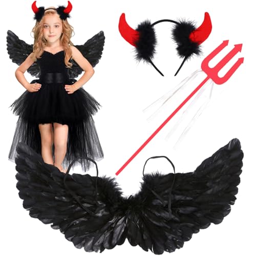 Halloween Flügel Schwarz,ZXYue Engelsflügel Schwarz Teufel Deko Set mit Teufelshörner Dreizack,Engelsflügel Deko Teufel Flügel Halloween Black Wings für Halloween Cosplay Party Fasching Kostüme Deko von ZXYue