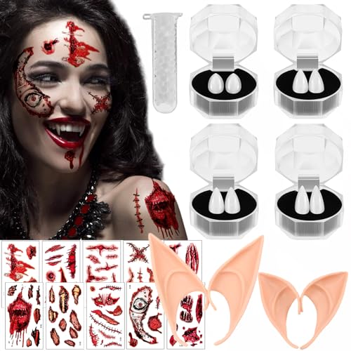 Halloween Vampir Zähne Vampirzähne Erwachsene Kinder,4 Paar Zähne Vampir Halloween Deko Teeth Fangs Falsche Zähne mit 1 Rohr Zähne Pellets Klebstof,2 Paar Elfenohren,75 Tattoos für Halloween Party von ZXYue