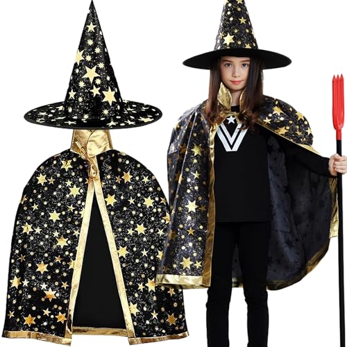 ZXYue Halloween Hexenumhang, Kinder Halloween Kostüm Hexen Zauberer Umhang,Cape und Zauberhut Set,Zauberermantel Mit Hut,Wizard Cape Witch Umhang,Halloween Cosplay Kostüme für Kinder von ZXYue