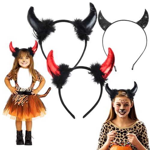 ZXYue Halloween Teufel Hörner Haarreifen, 3 Teufelshörner Haarreif,Headwear Hörner,Teufelshörner Teufels Ohren Haarreif,Kopfschmuck Halloween Schwarz Rot Haar Accessoires für Karneval und Kostümparty von ZXYue