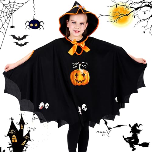 ZXYue Kinder Halloween Kostüm Hexen Zauberer Umhang Schwarz Hexe Zauberer Umhang mit Hut für Kinder,Halloween Fledermaus Kostüm Kinder Hexenkostüm Kürbis für Halloween Cosplay Party von ZXYue