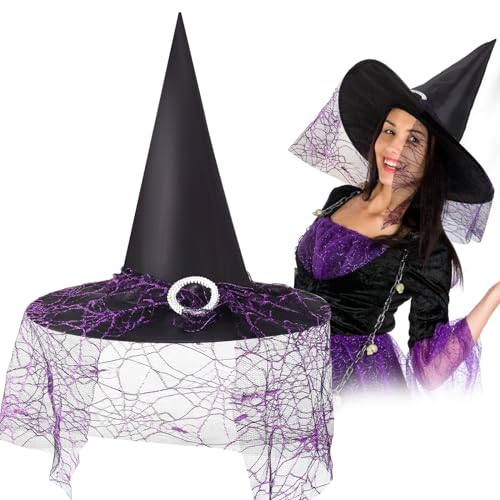 ZXYue Kinder Hexenhut Damen Halloween, Halloween Hexenhut Kinder Lila Spinnen Hexe Hut Halloween Deko Cosplay Kopfbedeckung,Hexenhut Spitzmütze für Halloween Erwachsene Kinder Cosplay Geschenk von ZXYue