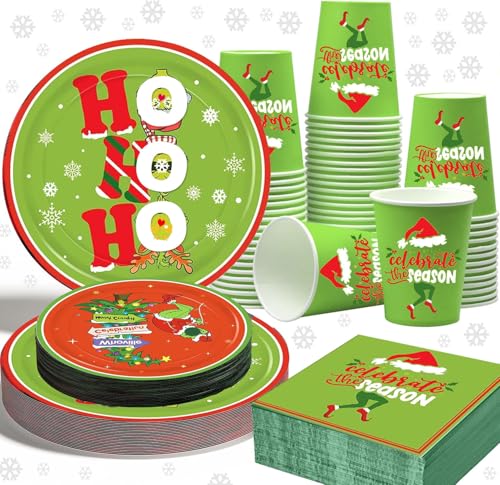 96pcs Weihnachts Partygeschirr Set für 24 Gäste, Teller, Servietten, Pappbecher, Weihnachtsgeschirr Xmas Deko Partyzubehör Pappteller Kinder Familie Chrismtas Themenparty von ZYDNANYANG