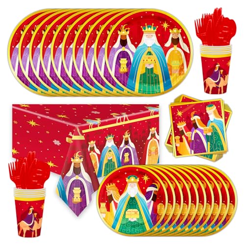 97pcs Three Kings Day Spanish Festival Partygeschirr Set für 24 Gäste, Teller, Servietten, Pappbecher, Tischdecke，Weihnachtsgeschirr Xmas Deko Partyzubehör von ZYDNANYANG