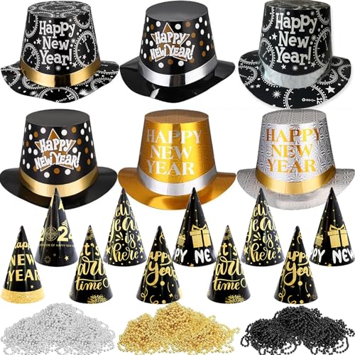 ZYDNANYANG Neujahr 2025 Partyhut Neujahr Silvester,6 Stück Partyhüte,6 Stück Dreieckiger spitzer Hut,12 Frohes Neues Jahr Tiara Hörner Hüte Ausblase und Beads (Hats) von ZYDNANYANG