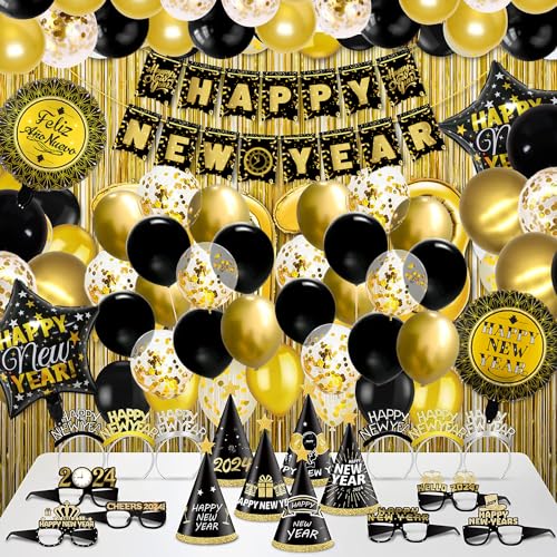 Silvester Deko 2025 Silvesterparty Dekoration Set, Glitter Frohes Neues Jahr Banner,Silvester-Partyhüte ,Stirnband Tiara NYE,Luftballons zur Silvesterdeko,Für Nye Dekorationen 2025 von ZYDNANYANG