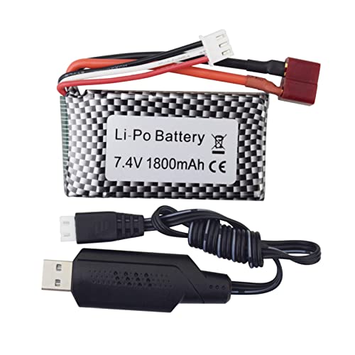 ZYGY 1pcs 7.4V 1800mah T-Kopf Hochgeschwindigkeits-Lithium Batterie & 7,4V USB-Ladekabel für WLTOYS A959-B A969-B A979-B K929-B 144001 RC Hochgeschwindigkeits-Geländewagen von ZYGY