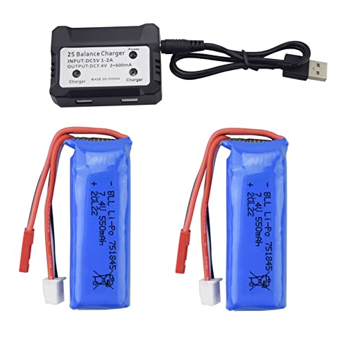 ZYGY 2pcs 7.4V 550mAh Hochgeschwindigkeits-Lithiumbatterie & 2in1 Ladegerät für wltoys K969 K979 K989 K999 P929 P939 284131 High-Speed rc Auto von ZYGY