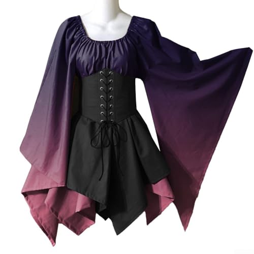 Renaissance Mittelalter Kleid mit unregelmäßigem Saum und lockeren Ärmeln für Motto-Party (XL Lila) von ZYWUOY