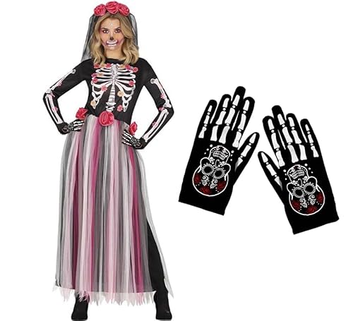 ZZ DISFRAZZES Catrina Damen-Kostüm, Set "Tag der Toten", mit Zubehör, mexikanisches Skelett-Kostüm für Damen mit Handschuhen für Erwachsene für Halloween (Größe M) von ZZ DISFRAZZES