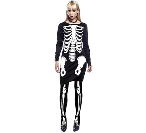 ZZ DISFRAZZES | Halloween-Kostüm mit Skelett für Damen mit Strümpfen – Skelettkleid für Damen und Erwachsene für Halloween (Größe M) von ZZ DISFRAZZES