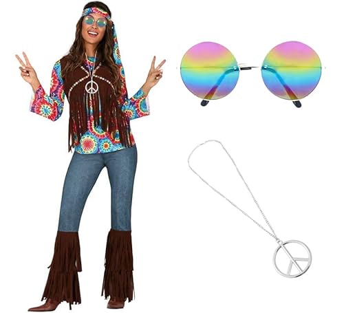 ZZ DISFRAZZES Hippie-Kostüm für Damen, 70er-Jahre, Hippie-Kostüm für Erwachsene, Karneval, Hippie-Set, 70er-Jahre, mit Zubehör für Karneval (Größe L) von ZZ DISFRAZZES