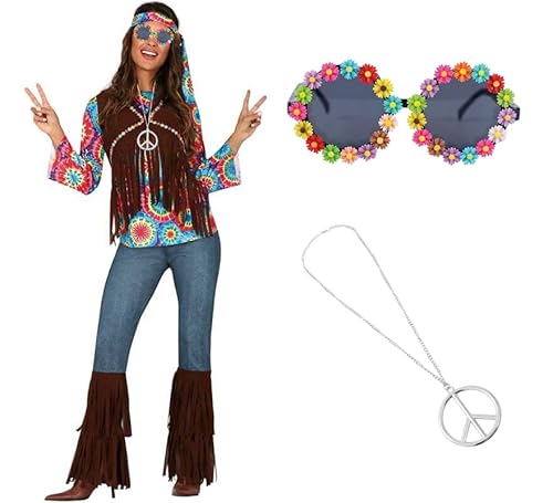 ZZ DISFRAZZES Hippie-Kostüm für Damen, 70er-Jahre, Hippie-Kostüm für Erwachsene, Karneval, Hippie-Set, 70er-Jahre, mit Zubehör für Karneval (Größe S) von ZZ DISFRAZZES