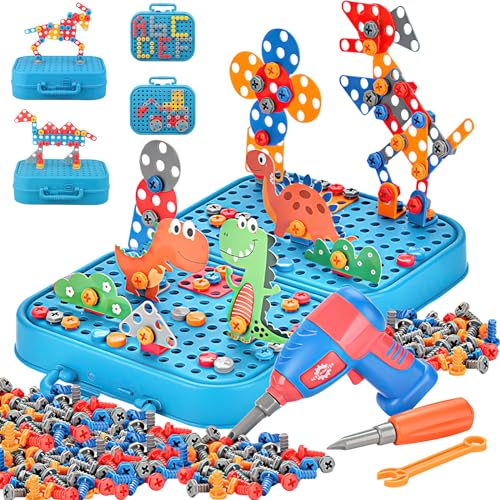 ZZQVIP 3D Dinosaurier Puzzle inkl, 351PCS Steckspiel Spielzeug ab 3 4 5 Jahre mit Bohrmaschine, Mosaik Werkzeugkoffer, Montessori-Spielzeuge, die Fantasie anregen, Geschenke für Jungen Mädchen von ZZQVIP