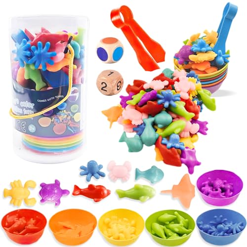 ZZQVIP Farben Lernen ab 2 3 4 5 Jahre, Montessori Spielzeug Zählen Farberkennung Games, 66 Stück Feinmotorik Toys mit Pinzetten, Würfel, passende Sortierbecher, Lernspielzeug für Mädchen und Jungen von ZZQVIP