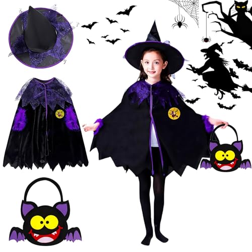 ZZQVIP Halloween Kostüm Kinder 3 PCS - Mädchen Hexenkostüm mit Halloween Tüten, Perfektes Kostüm für Halloween Partys, Trick or Treat und Karneval, Geeignet für Mädchen ab 8 Jahren, 90-140 cm von ZZQVIP