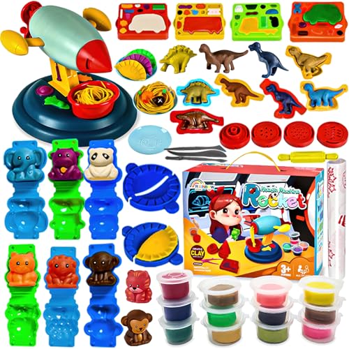 ZZQVIP Knete Dough Set für Kinder, Kitchen Creations 47 PCS Nudelmaschine Spielset Nudeln Knödel, Tiere Dinosaurier, Knete Zubehör und 12 Dosen Knete, Spielzeug Geschenk mädchen & Junge 2-10 Jahre von ZZQVIP