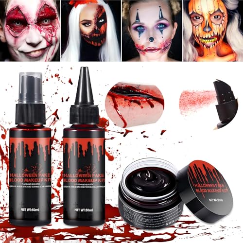 ZZQVIP Kunstblut Halloween Schminke Set 3 PCS Realistisches Fake Blood für Kostüme, Spezialeffekte und Narben – Blut Spray, Coagulated Blood & Creme für Gruselige Looks, Horror Make-up von ZZQVIP