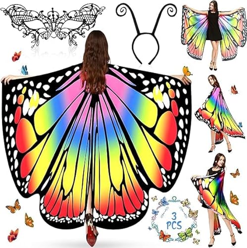 ZZQVIP Schmetterlingsflügel Kostüm Damen, 3 PCS Kostüme für Erwachsene mit Schmetterling Haarreif, Gesichtsmaske Frauen, Kostüm Erwachsene für Karneval,Fasching,Mottoparty Halloween Cosplay Party von ZZQVIP