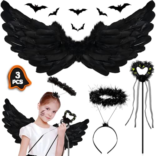 ZZQVIP Schwarzes Engel-Kostümset für Kinder - Halloween-Verkleidung mit Flügeln, Heiligenschein, Tutu und Zauberstab - Perfekt für Mädchen-Kostümpartys von ZZQVIP