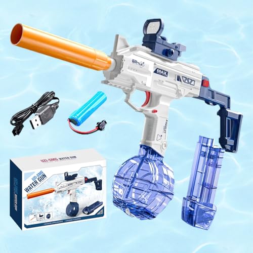 ZZQVIP Wasserpistole Elektrisch, Wasserspritzpistole Kinder mit Visier und Schalldämpfer, EIN-Knopf Automatische, Doppelmagazin Große Kapazität, für Sommer, Pool, Garten und Strandpartys (Blau) von ZZQVIP