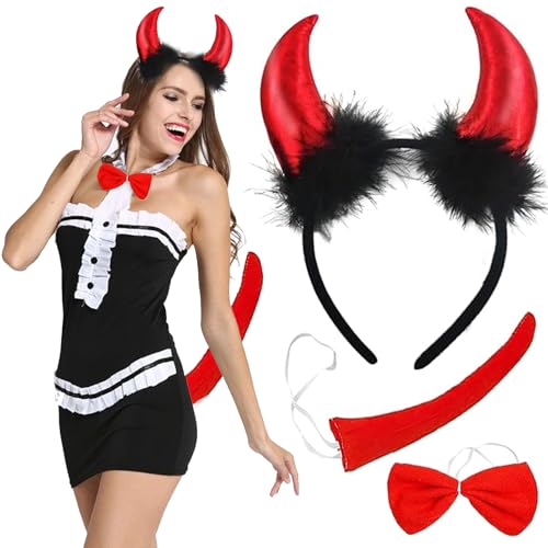 ZZRSYJ 3 TLG Teufelshörner Set,Karneval Teufel Kit,Devil Horn Kostüm Teufelsschwanz,Devil Horn Headband,Teufelshörner Kostüm Set,Halloween Teufel Kostüm für Damen Frau Halloween Karneval Maskerade von ZZRSYJ