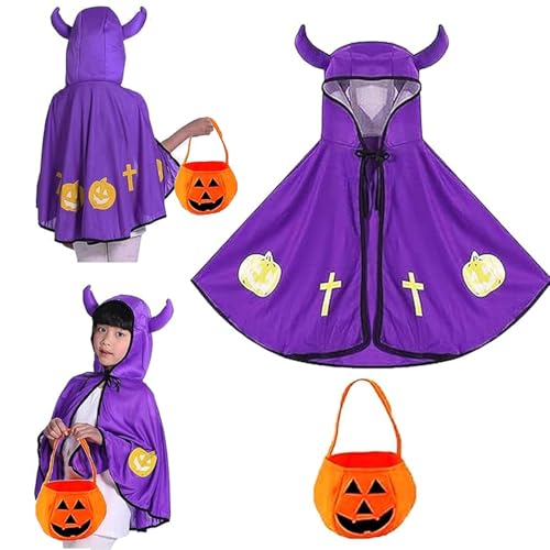 ZZRSYJ Kinder Halloween Kostüm, Kinder Teufelkostüm,Teufel Umhang,Umhang Cape mit Ox Horn Mit Kapuze Mantel,Kürbis Candy Bag, für Cosplay Verkleidung Fasching Karneval Halloween.(Lila) von ZZRSYJ