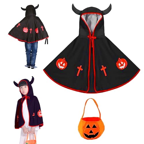 ZZRSYJ Kinder Halloween Kostüm,Kinder Teufelkostüm,Teufel Umhang,Umhang Cape mit Ox Horn Mit Kapuze Mantel,Kürbis Candy Bag, für Cosplay Verkleidung Fasching Karneval Halloween. (Schwarz) von ZZRSYJ