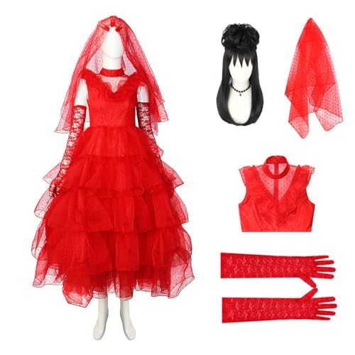 ZZXIAOJIE Lydia Deetz Kostüm für Damen, Käfer von Saft, Lydia-Kleid mit schwarzer Perücke, roter Schleier, Spitzenhandschuhe, Kostüm-Set von ZZXIAOJIE