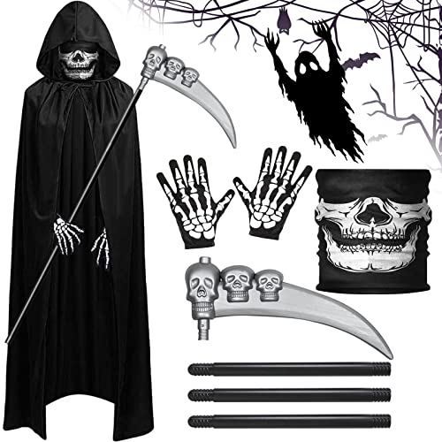 ZZXLOPEZ Sensenmann Kostüm, 4-teiliges Tod Kostüm Set, Halloween Kostüm Sensemann mit Schädelmaske, Sense, Skelett Handschuhe, Umhang, für Halloween Dekoration,Cosplay,Karneval (Schwarz, 175cm) von ZZXLOPEZ