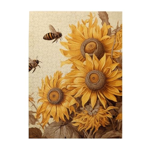 Bienen und Sonnenblumen auf altem Papier, Druck-Puzzle, 500 Teile, Holz-Fotopuzzle, personalisiertes Puzzle für Erwachsene, Familienspiel, 38 x 52 cm von ZaKhs