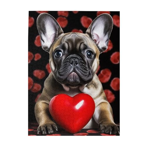 Französische Bulldogge mit rotem Herz-Druck, Puzzle, 500 Teile, Holz-Fotopuzzle, personalisiertes Puzzle für Erwachsene, Familienspiel, 38 x 52 cm von ZaKhs