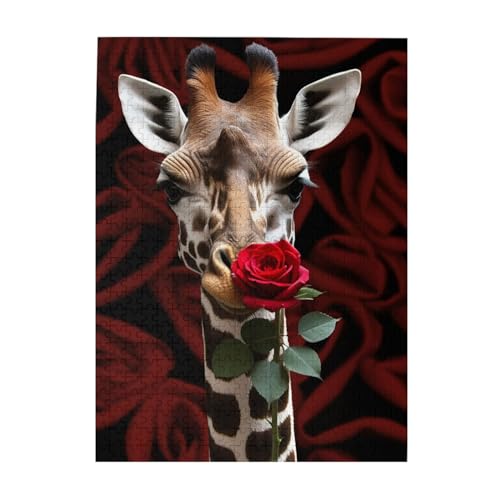 Giraffe küssende Blumendruck-Puzzle, 500-teiliges Holz-Fotopuzzle, personalisiertes Puzzle für Erwachsene, Familienspiel, 38 x 52 cm von ZaKhs