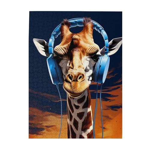 Giraffe mit Kopfhörern, Druck-Puzzle, 500 Teile, Holz-Fotopuzzle, personalisiertes Puzzle für Erwachsene, Familienspiel, 38 x 52 cm von ZaKhs