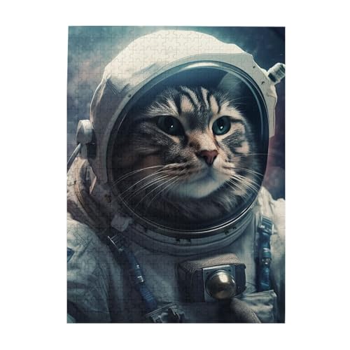 Puzzle mit Astronauten-Katze im Weltraum, 500 Teile, Holz-Fotopuzzle, personalisiertes Puzzle für Erwachsene, Familienspiel, 38 x 52 cm von ZaKhs