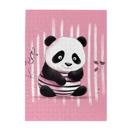 Rosa gestreifter Panda-Druck, Puzzle, 500 Teile, Holz-Fotopuzzle, personalisiertes Puzzle für Erwachsene, Familienspiel, 38 x 52 cm von ZaKhs