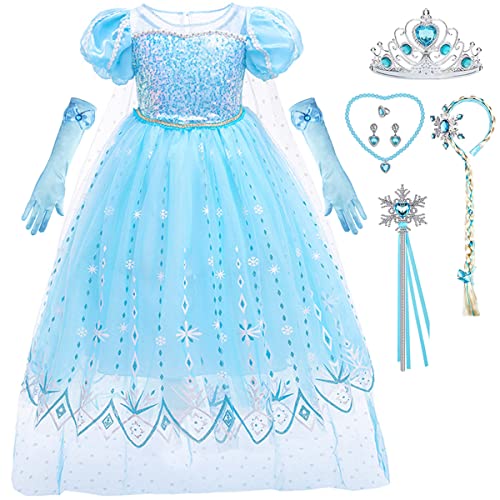 ZaisuiFun Elsa Kostüm Mädchen Eiskönigin Blau Eisprinzessin Kleid Schneekönigin Verkleidung Kinder Tüll Kurzarm Fasching Party mit Zubehör Geburtstag Karneval Halloween, 104-110(Etikett 110) von ZaisuiFun