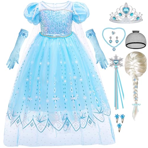 ZaisuiFun Elsa Kostüm Mädchen Eiskönigin Blau Eisprinzessin Kleid Schneekönigin Verkleidung Kinder Tüll Kurzarm Fasching Party mit Zubehör Geburtstag Karneval Halloween, 134-140(Etikett 140) von ZaisuiFun