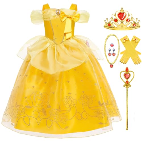 ZaisuiFun Mädchen Belle Prinzessin Kostüm Dornröschen Kleid die Schöne und das Biest Kleider Kinder für Geburtstag Fasching Karneval Halloween, 128-134(Etikett 130) von ZaisuiFun