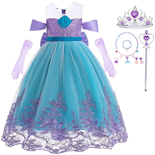 ZaisuiFun Mädchen Meerjungfrau Kleid Arielle Kostüm Kurzarm Verkleidung Faschingskostüme Kinder Fasching Party Geburtstag Halloween Karneval mit Zubehör, 104-110(Etikett 110) von ZaisuiFun