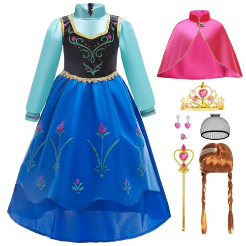 ZaisuiFun Mädchen Prinzessin Anna Kostüm Kleid mit Mantel und Zubehör Perücke für Karneval Geburtstag Party, 104-110(Etikett 110) von ZaisuiFun