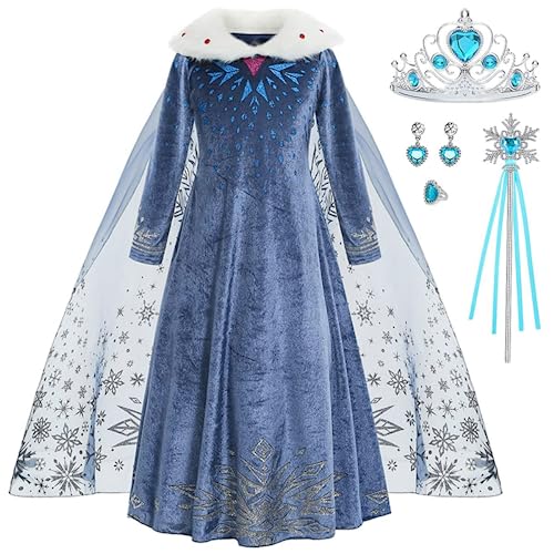 ZaisuiFun Verkleidung Kostüm Prinzessin ELSA für Mädchen Schneekönigin Kleid Blau Langarm mit Plüsch Kragen für Halloween Geburtstag Canarval,Blau, 146-152(Etikett 150) von ZaisuiFun